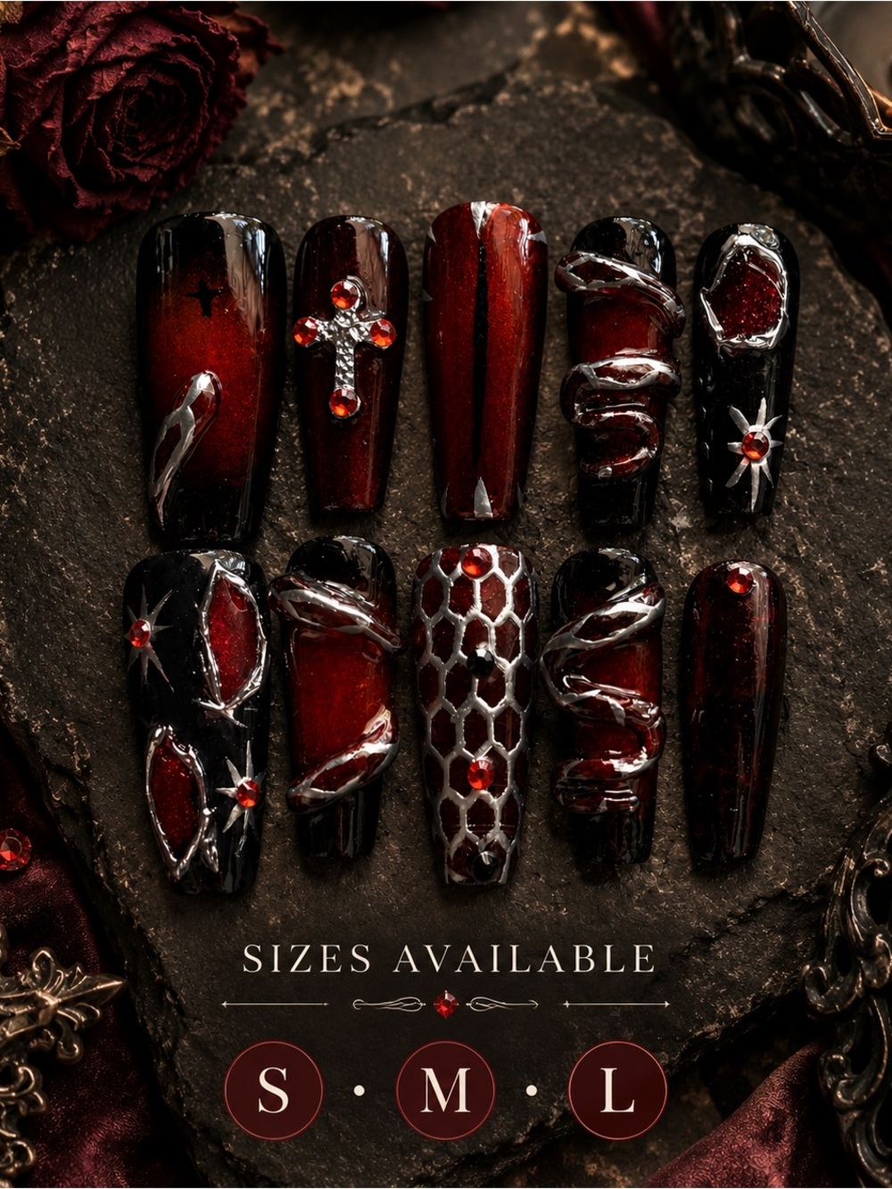 Deep Red & Black Gothic Press-On Nails - Dramatic Jewel Accents